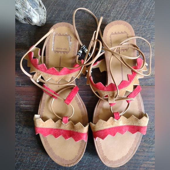 Dolce Vita Pedro Red Tan Suede Boho Wrap Sandals Size 8.5 - Picture 2 of 9